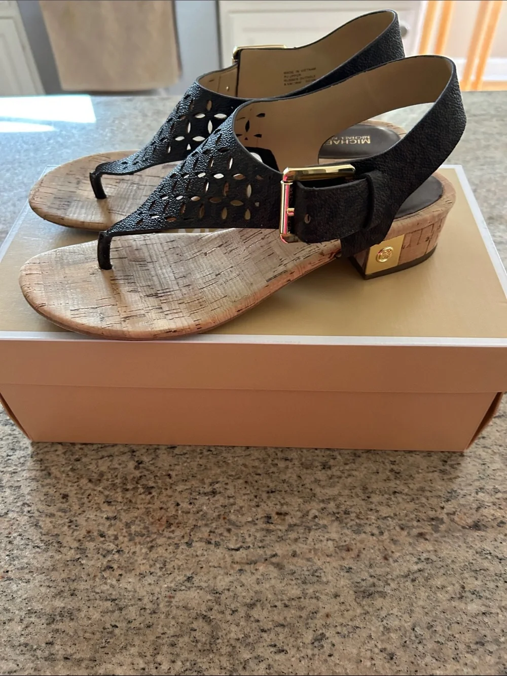 Michael Kors Black Laser-Cut Cork Wedge Thong Sandals